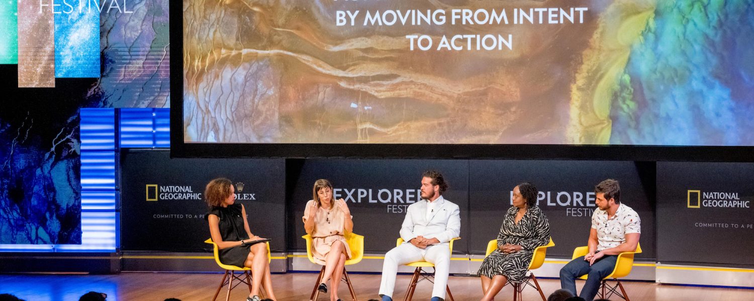 Washington, D.C. 2022/06/09 National Geographic Explorers Festival.  Panelists at the Diversity, Equity & Inclusion Speaker Series: Actualizing Inclusivity by Moving from Intent to Action.  Chief Diversity, Equity, and Inclusion Officer, Shannon Bartlett (shown here on far left), as she moderates a panel with four National Geographic Explorers – (from 2nd from left: Luján Agusti, Keolu Fox, Gladys Kalema-Zikusoka, and Santiago Said. The panelists shared examples from their work and action oriented guidance on how we can better equip ourselves to incorporate these practices in our own daily lives.